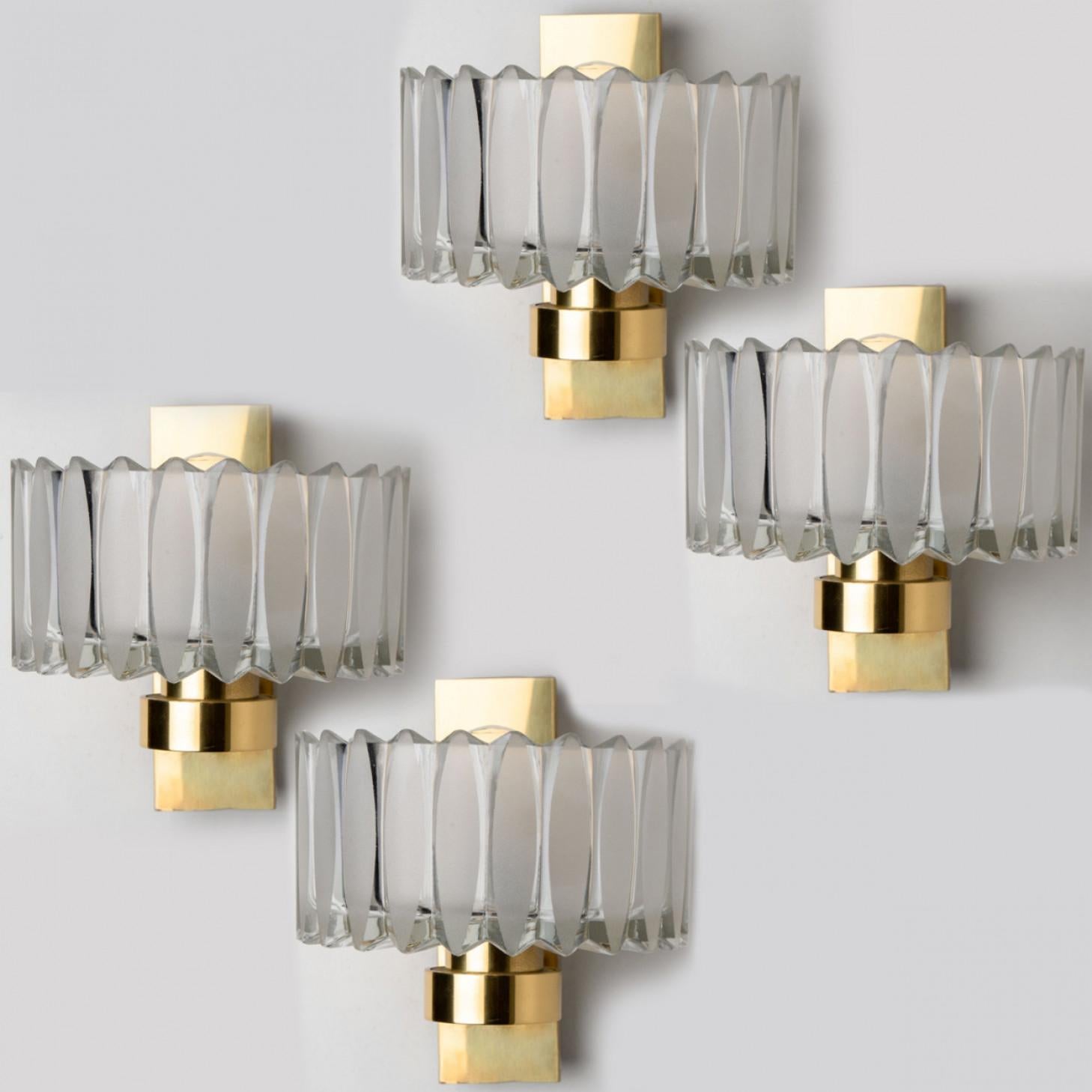 Other 1 of the 2 Sets Hillebrand Brass and Glass Wall Light Fixtures, 1970s For Sale
