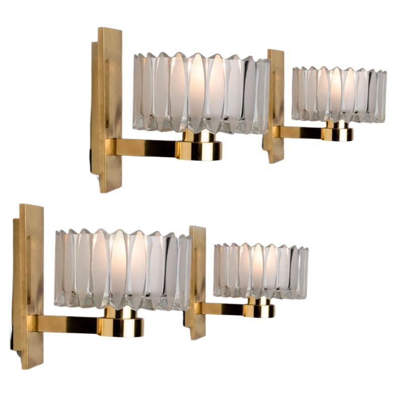1 of the 2 Sets Hillebrand Brass and Glass Wall Light Fixtures, 1970s