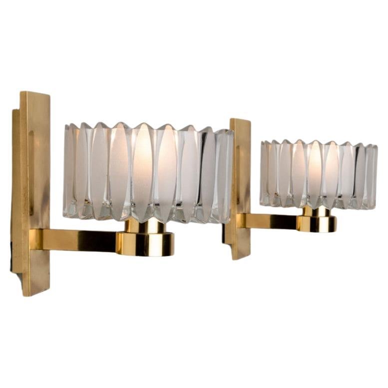 1 of the 2 Sets Hillebrand Brass and Glass Wall Light Fixtures, 1970s For Sale