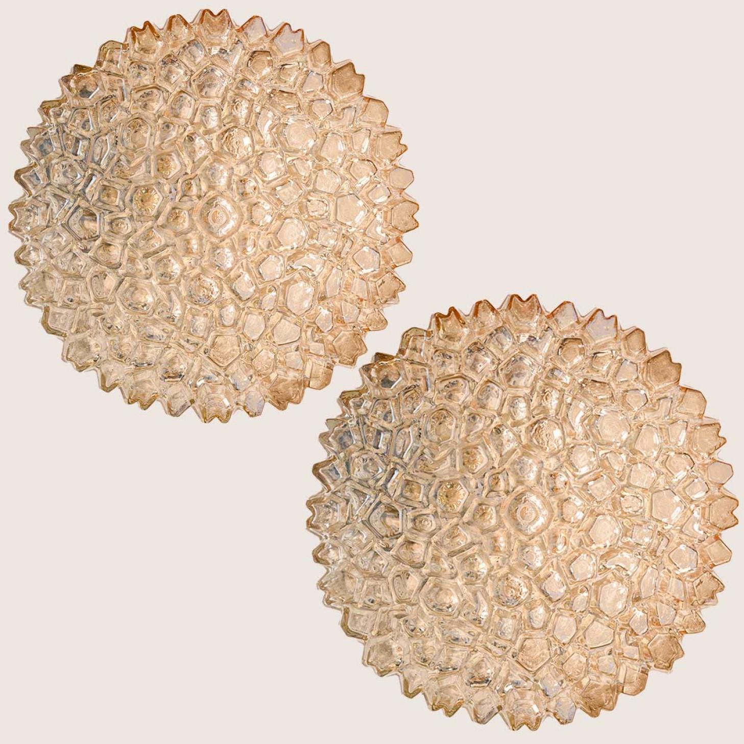 20th Century 1 of the 2 Small Round Clear Textured Glass Wall Lights Flush mount, Limburg For Sale