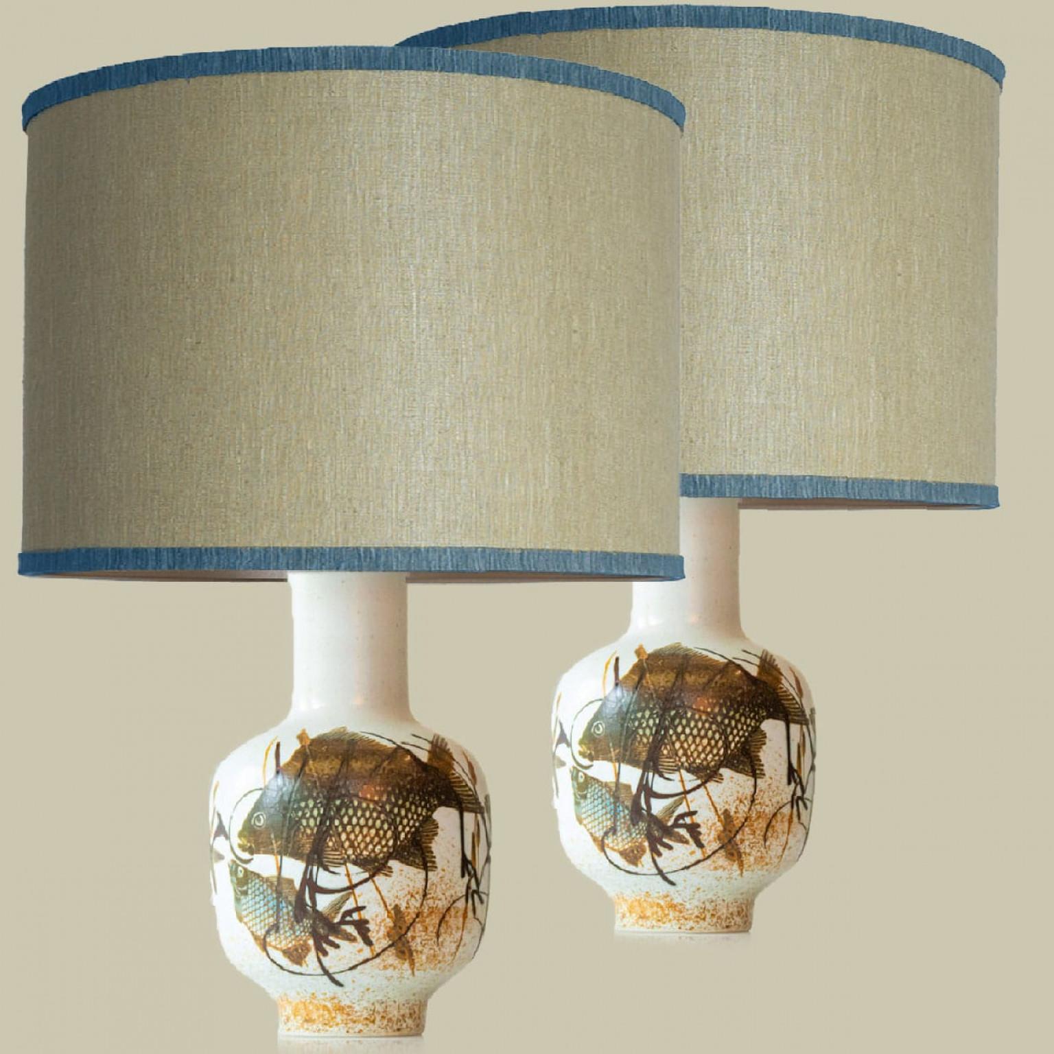 Mid-Century Modern 1 of the 2 Soholm Ceramic Floor Table Lamps Fish Motif, Lampshade by R. Houben en vente