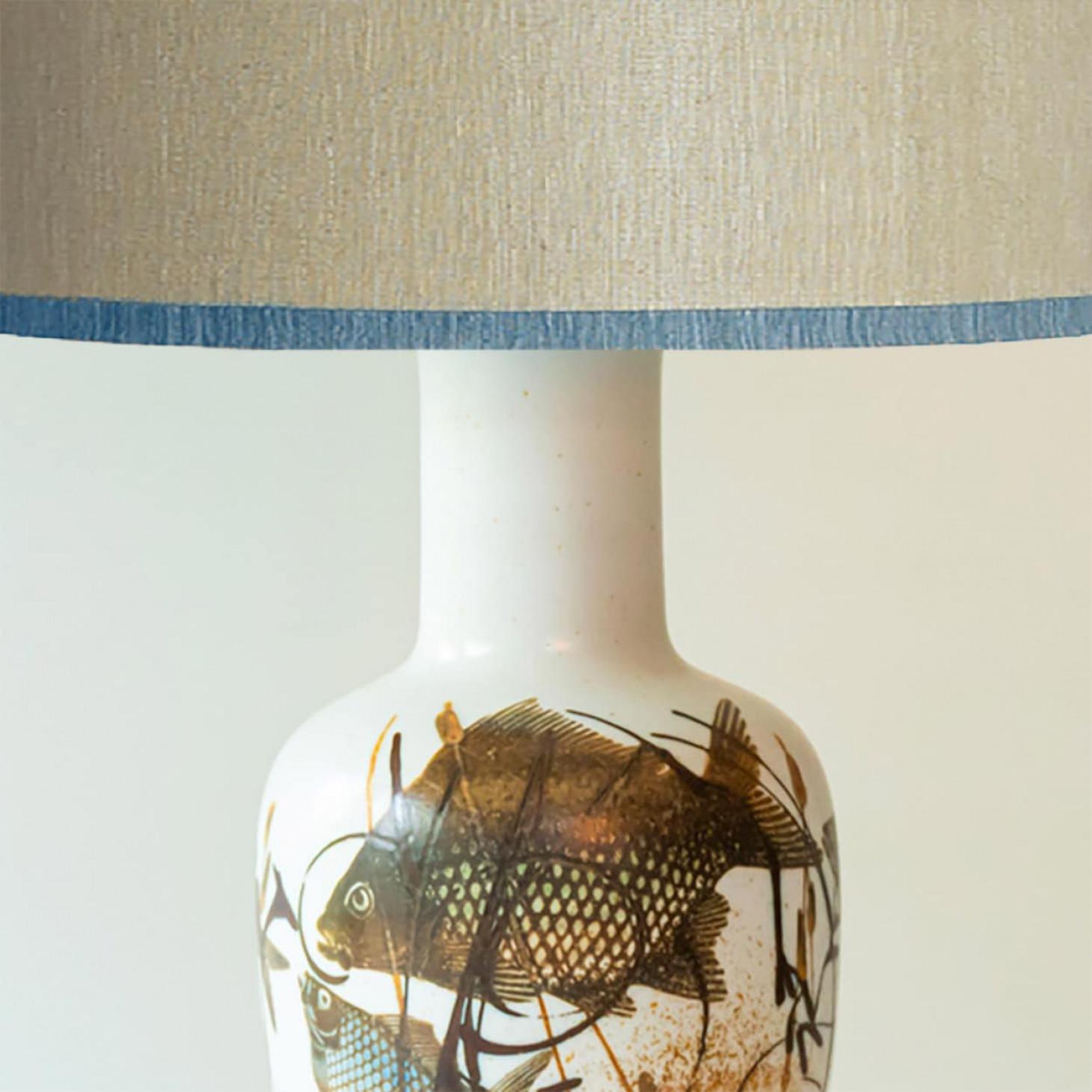 Français 1 of the 2 Soholm Ceramic Floor Table Lamps Fish Motif, Lampshade by R. Houben en vente