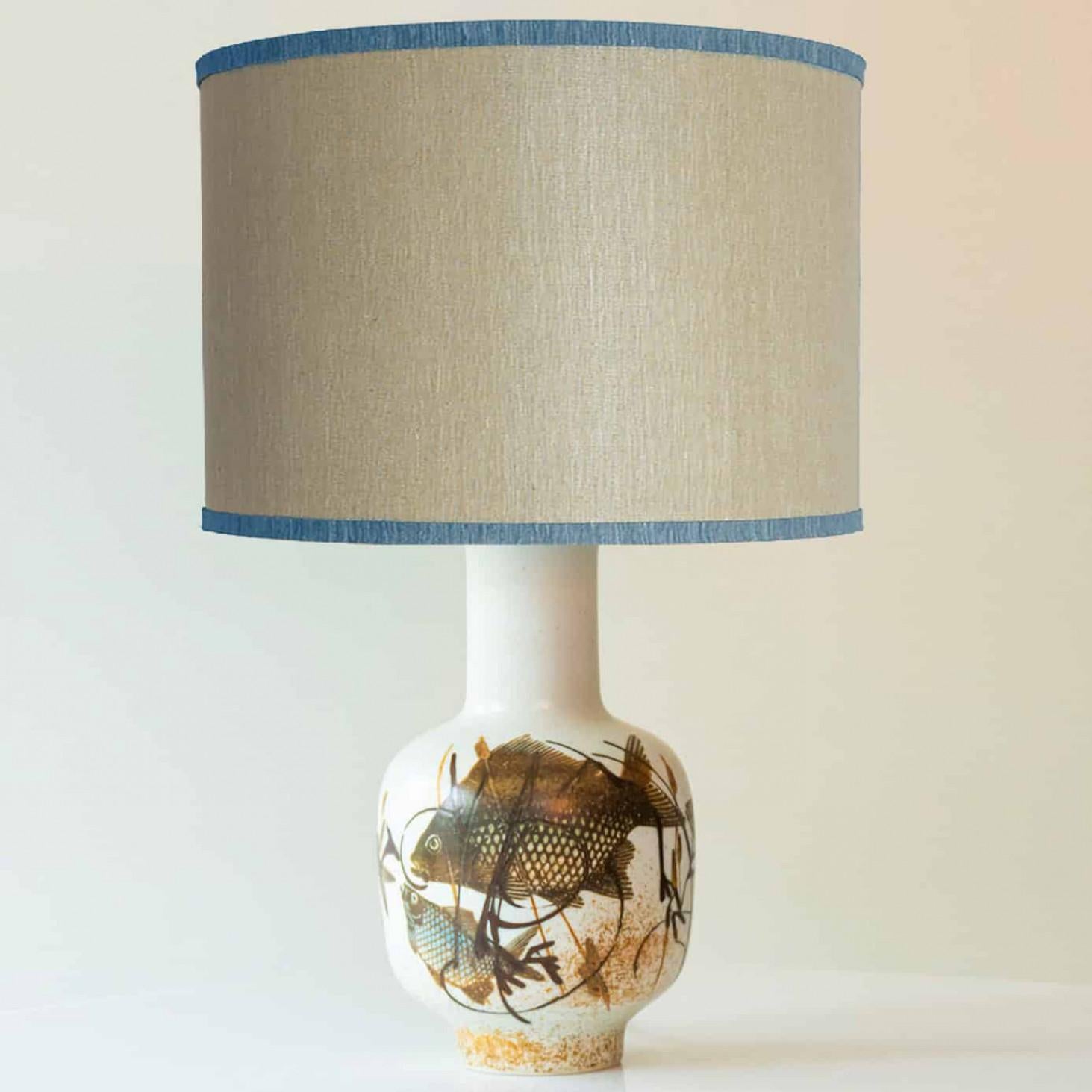 Fin du 20e siècle 1 of the 2 Soholm Ceramic Floor Table Lamps Fish Motif, Lampshade by R. Houben en vente
