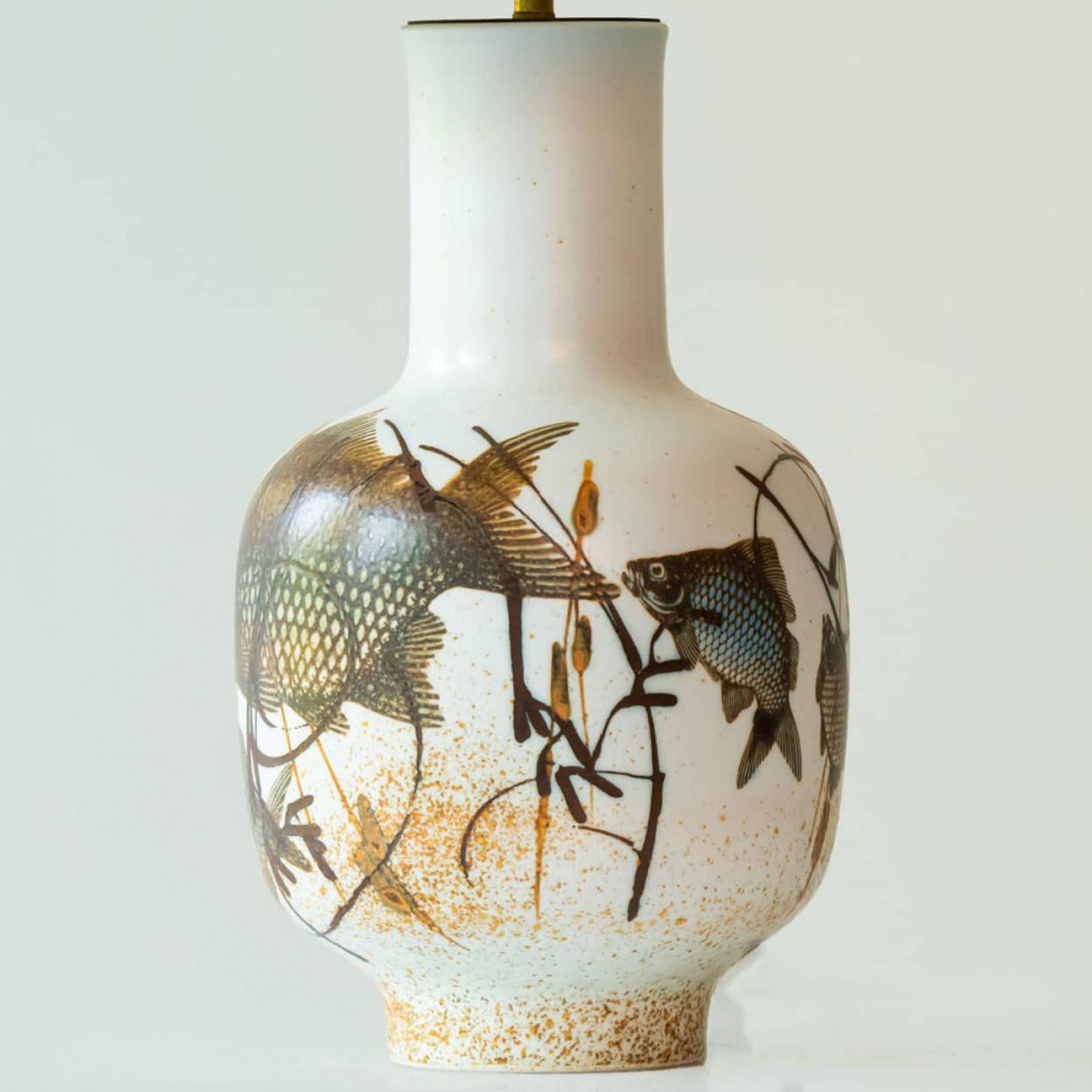 Céramique 1 of the 2 Soholm Ceramic Floor Table Lamps Fish Motif, Lampshade by R. Houben en vente