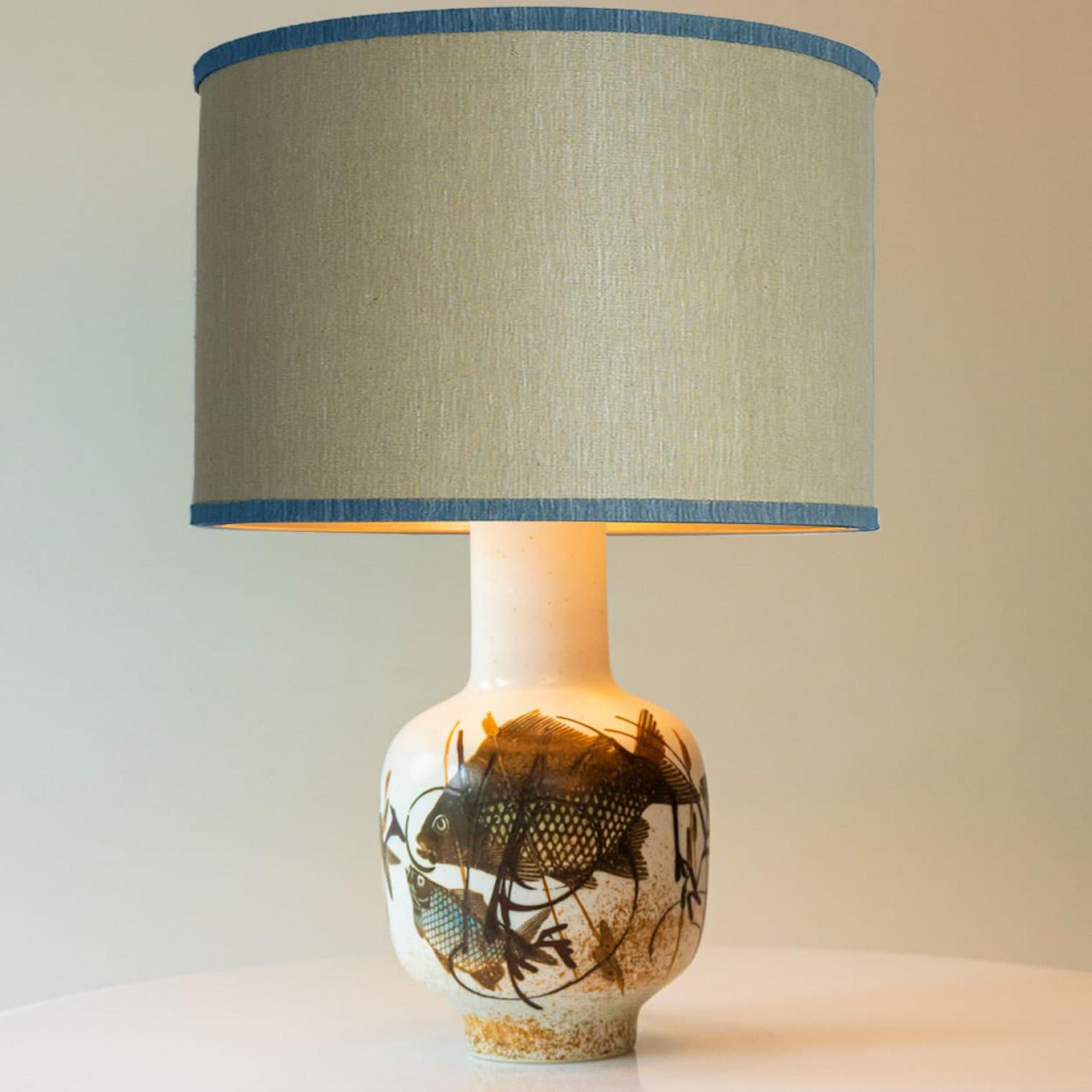 1 of the 2 Soholm Ceramic Floor Table Lamps Fish Motif, Lampshade by R. Houben en vente 1