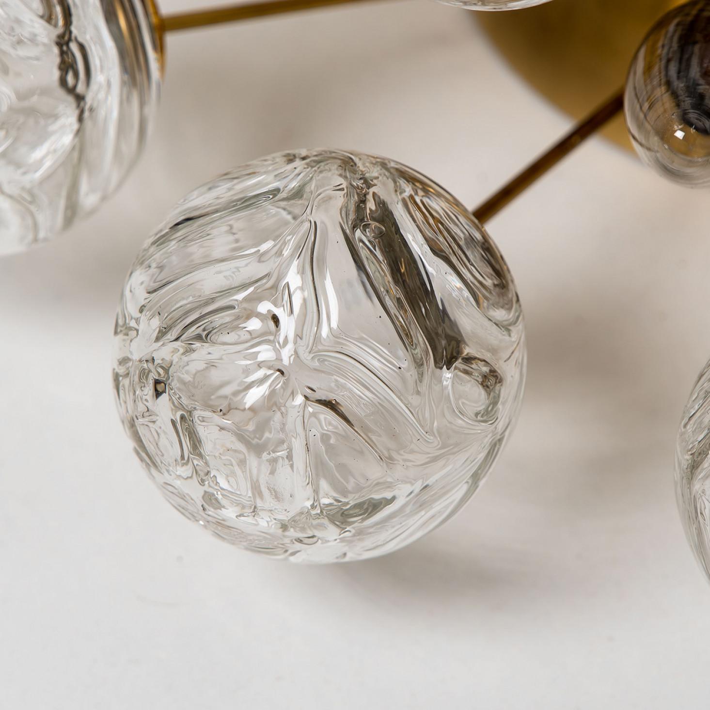 Brass 1 of the 2 Sputnik Flush Mount Glass Snowballs from Doria, Germany, 1970s For Sale