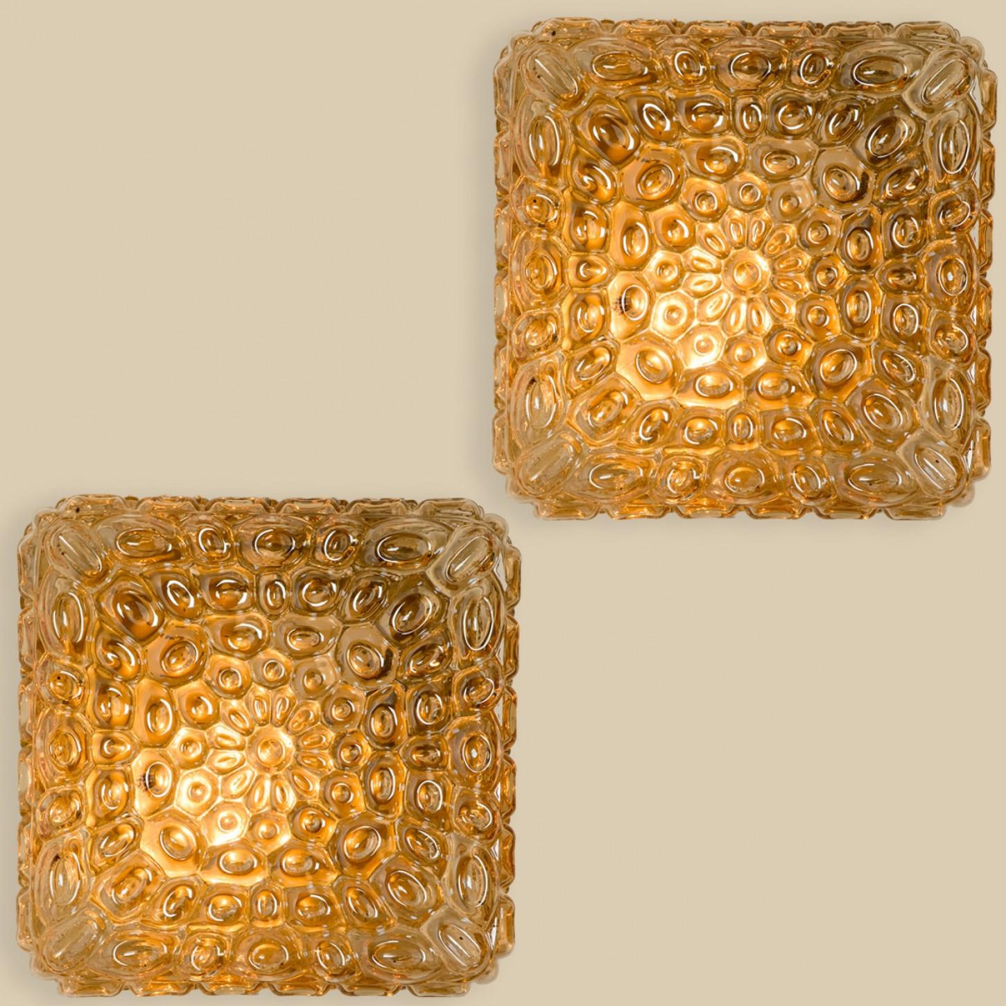 German 1 of the 2 Square Amber Glass Flush Mounts in Style of Helena Tynell, 1960 For Sale