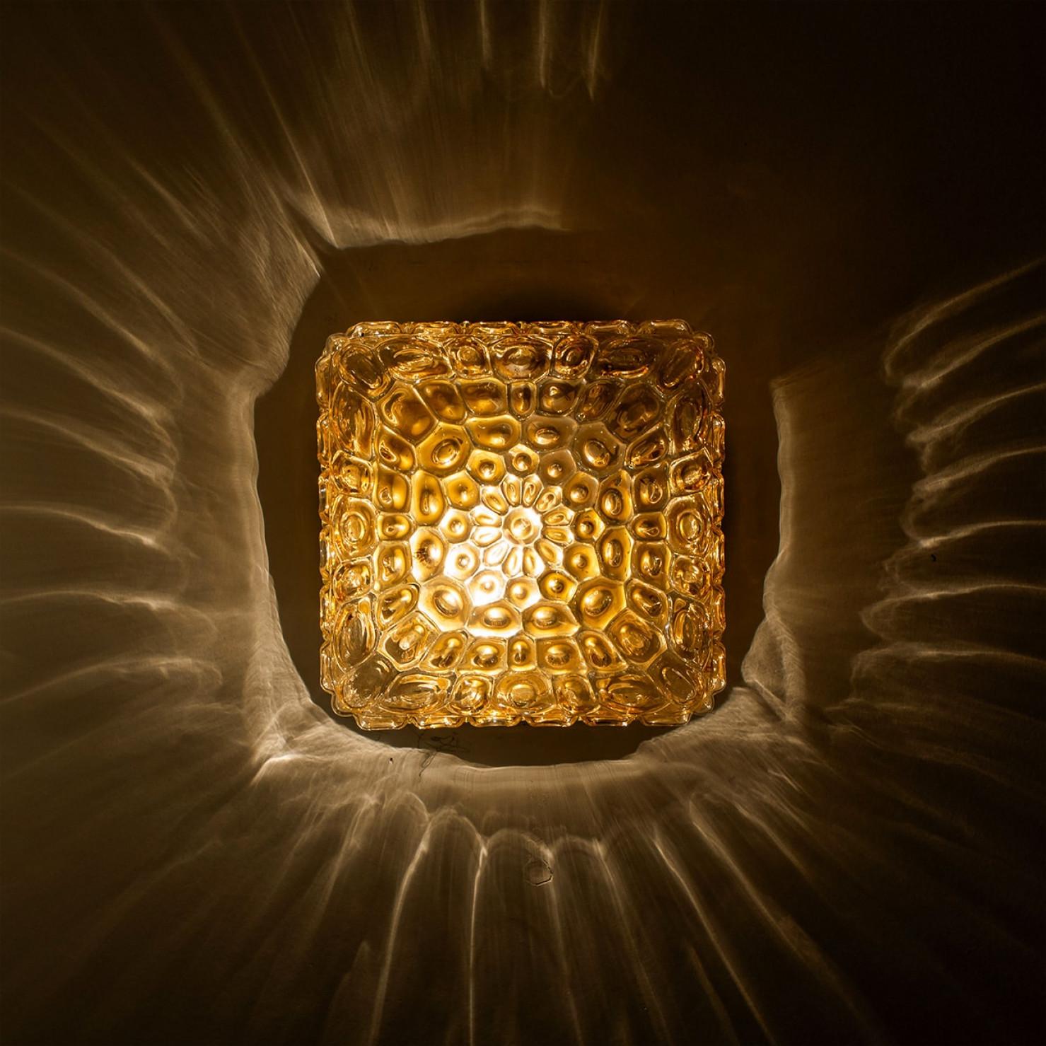 1 of the 2 Square Amber Glass Flush Mounts in Style of Helena Tynell, 1960 In Good Condition For Sale In Rijssen, NL