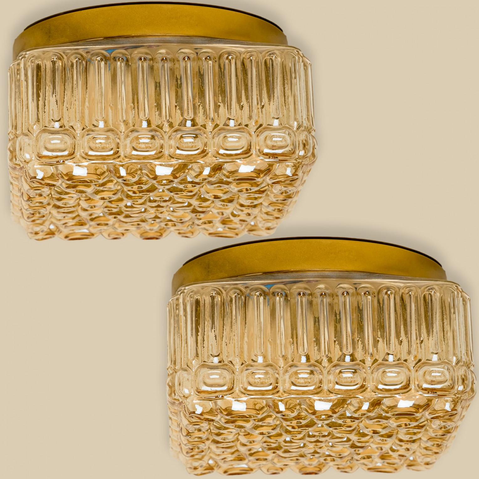 Metal 1 of the 2 Square Amber Glass Flush Mounts in Style of Helena Tynell, 1960 For Sale