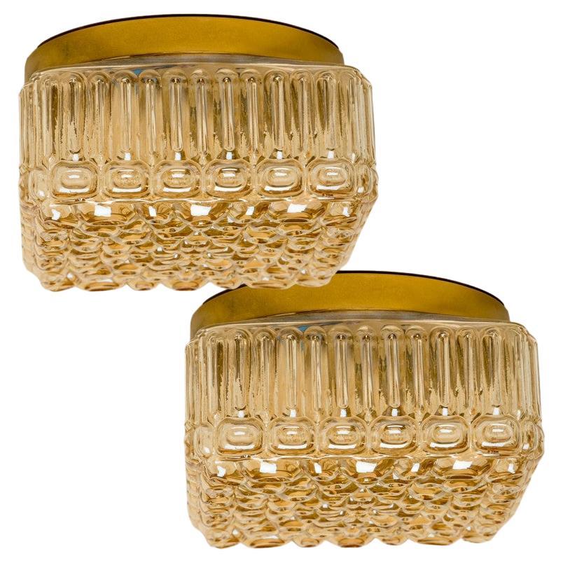 1 of the 2 Square Amber Glass Flush Mounts in Style of Helena Tynell, 1960 For Sale