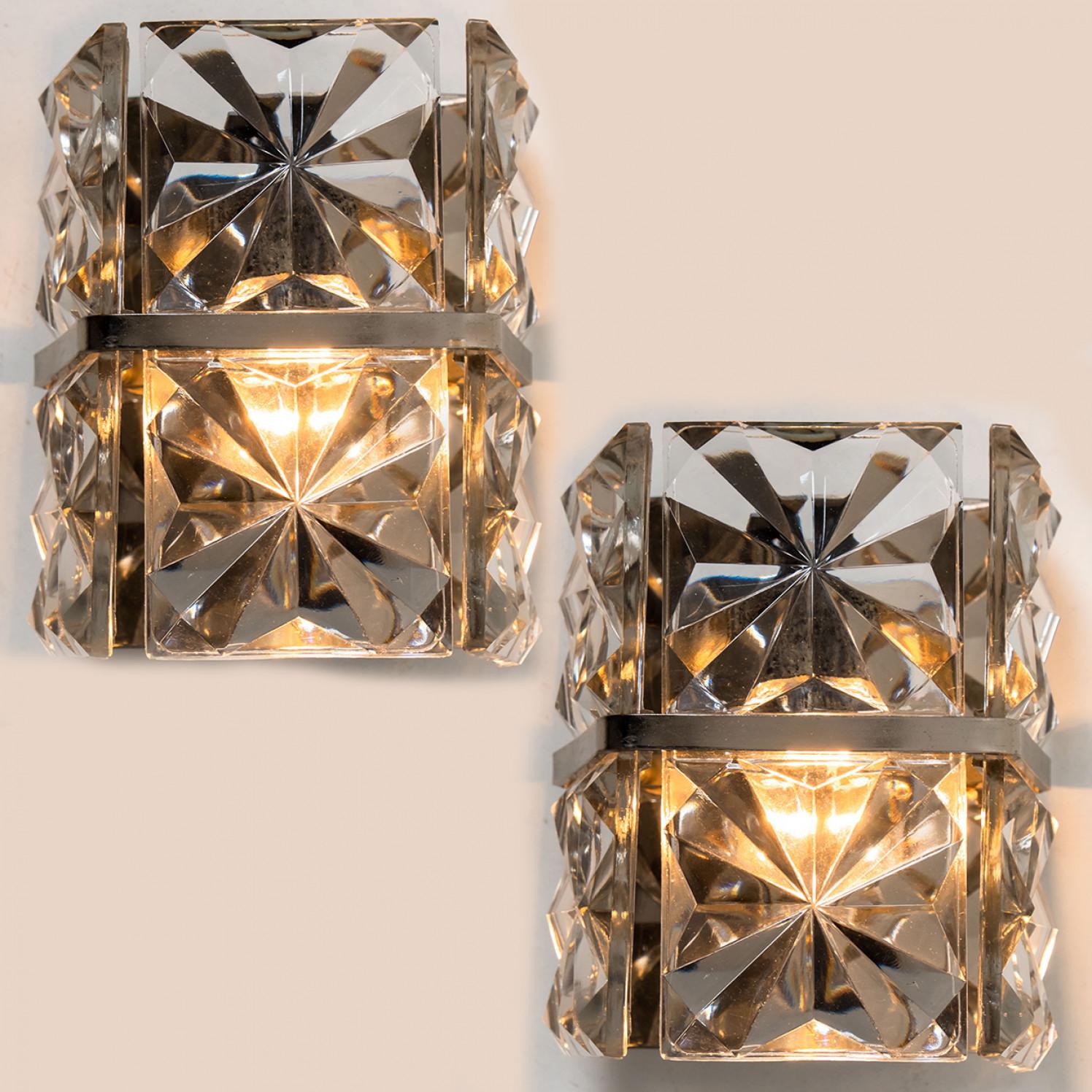 Mid-Century Modern 1 of the 2 Square Crystal and Silver Chrome Sconces by Kinkeldey, Germany, 1970 For Sale