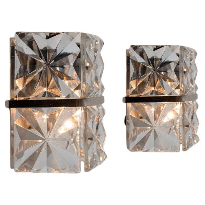 1 of the 2 Square Crystal and Silver Chrome Sconces by Kinkeldey, Germany, 1970