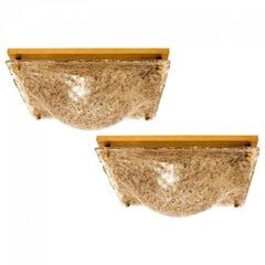 1 of the 2 Square Domed Murano Flush Mount Wall lights, Smokey Glass Brass