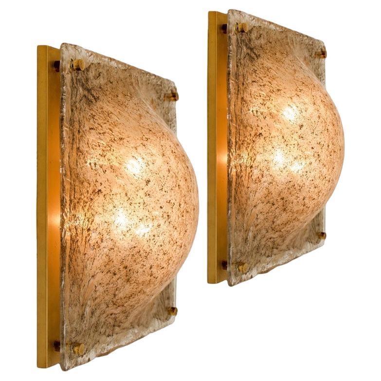 1 of the 2 Square Domed Murano Flush Mount Wall lights, Smokey Glass Brass For Sale