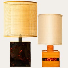 1 of the 2 Square Wood and Tortoise Glass Table Lamps, Lampshades by R. Houben