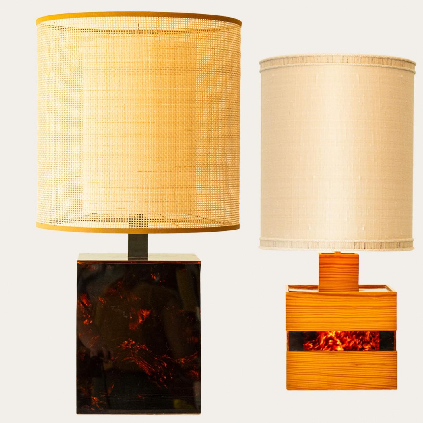 Other 1 of the 2 Square Wood and Tortoise Glass Table Lamps, Lampshades by R. Houben For Sale