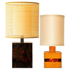 1 of the 2 Square Wood and Tortoise Glass Table Lamps, Lampshades by R. Houben