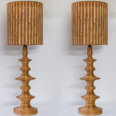 1 of the 2 Stacked Rattan Totem Taper Lamp, Custom Made Lampshade by R. Houben