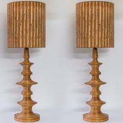 1 of the 2 Stacked Rattan Totem Taper Lamp, Custom Made Lampshade by R. Houben