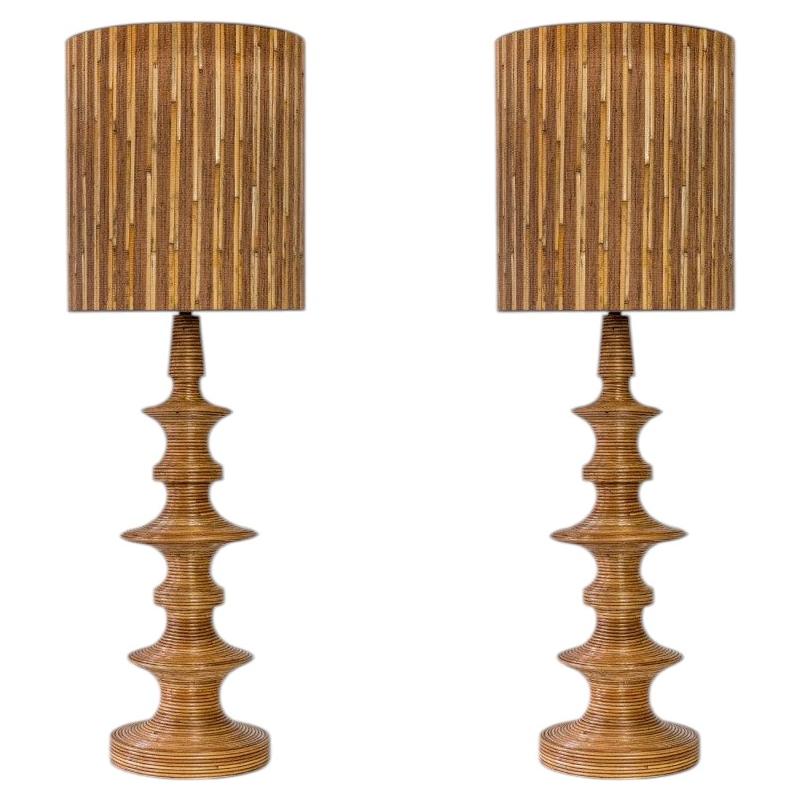 1 of the 2 Stacked Rattan Totem Taper Lamp, Custom Made Lampshade by R. Houben