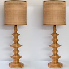 1 of the 2 Stacked Rattan Totem Taper Lamp, Custom Rattan Lampshade by R. Houben