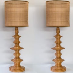 1 of the 2 Stacked Rattan Totem Taper Lamp, Custom Rattan Lampshade by R. Houben