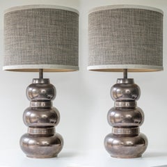 1 of the 2 Tiered Spherical Chrome Floor Lamps, Custom Made Shade by R. Houben