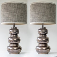 1 of the 2 Tiered Spherical Chrome Floor Lamps, Custom Made Shade by R. Houben