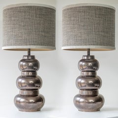 1 of the 2 Tiered Spherical Chrome Floor Lamps, Custom Made Shade by R. Houben