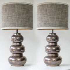 1 of the 2 Tiered Spherical Chrome Floor Lamps, Custom Made Shade by R. Houben