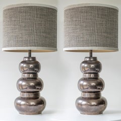 1 of the 2 Tiered Spherical Chrome Floor Lamps, Custom Made Shade by R. Houben
