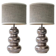 1 of the 2 Tiered Spherical Chrome Floor Lamps, Custom Made Shade by R. Houben