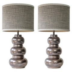 1 of the 2 Tiered Spherical Chrome Floor Lamps, Custom Made Shade by R. Houben