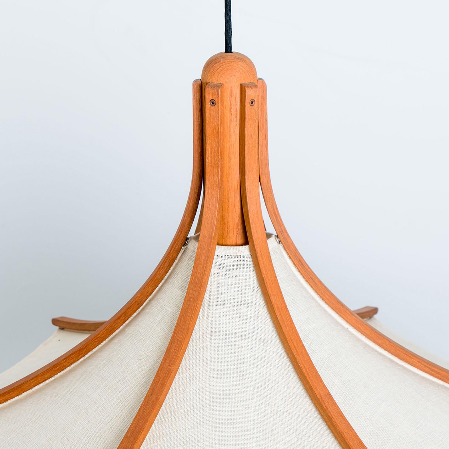1 of the 2 Wooden Pendant Light with Textile Shade by Domus Germany, 1970s For Sale 3