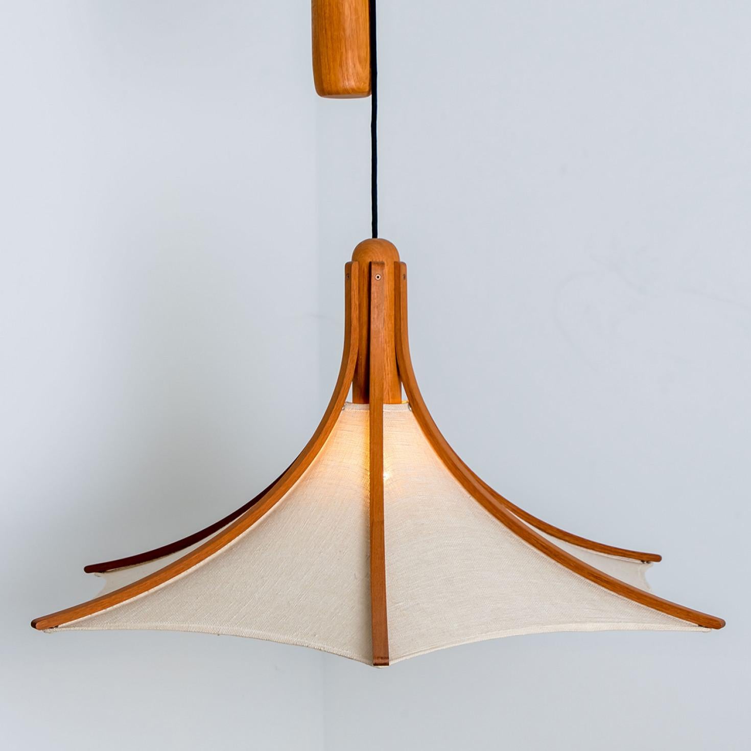 1 of the 2 Wooden Pendant Light with Textile Shade by Domus Germany, 1970s For Sale 8