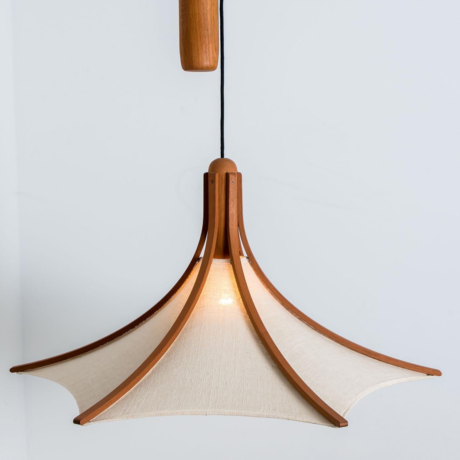 1 of the 2 Wooden Pendant Light with Textile Shade by Domus Germany, 1970s For Sale 9