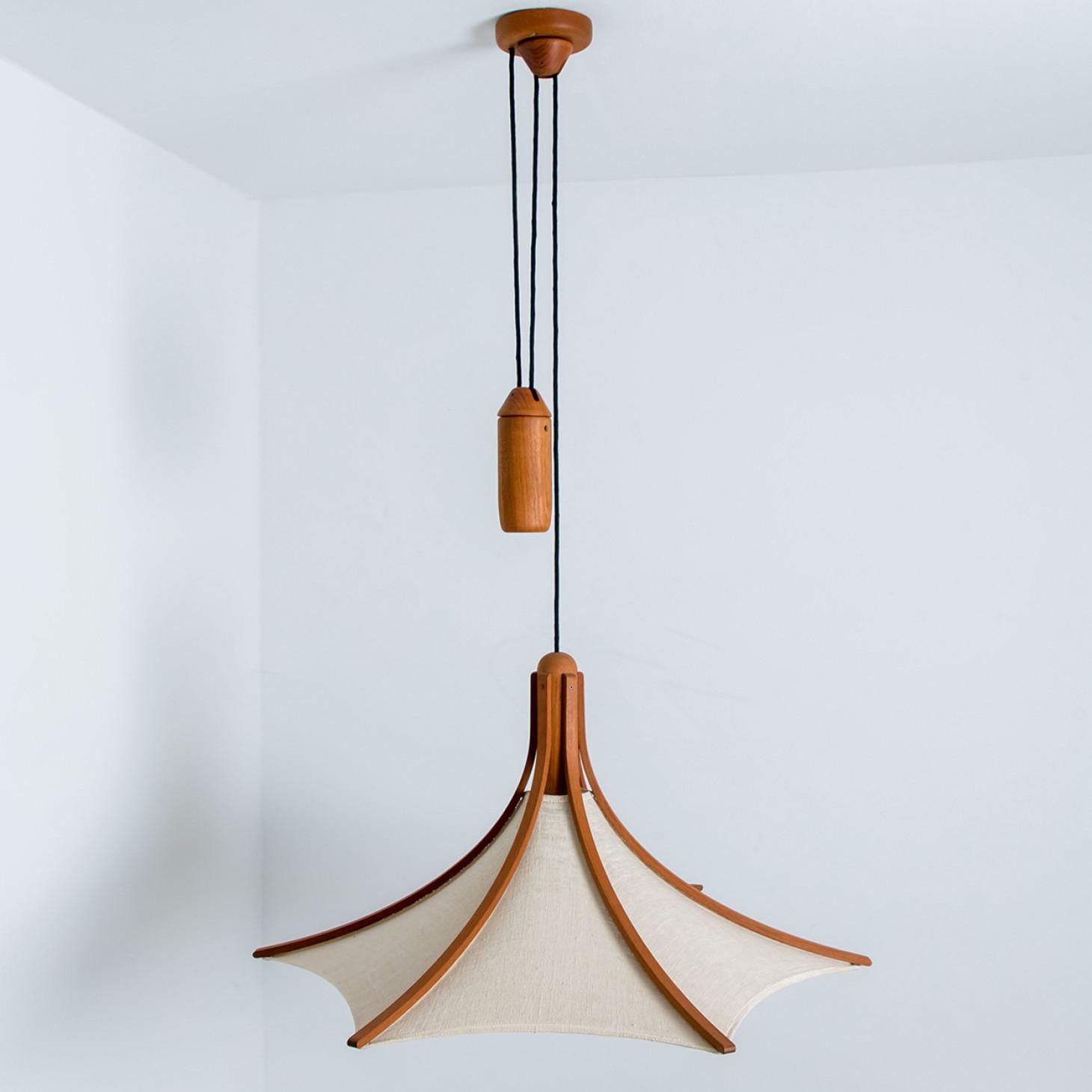 1 of the 2 Wooden Pendant Light with Textile Shade by Domus Germany, 1970s For Sale 11