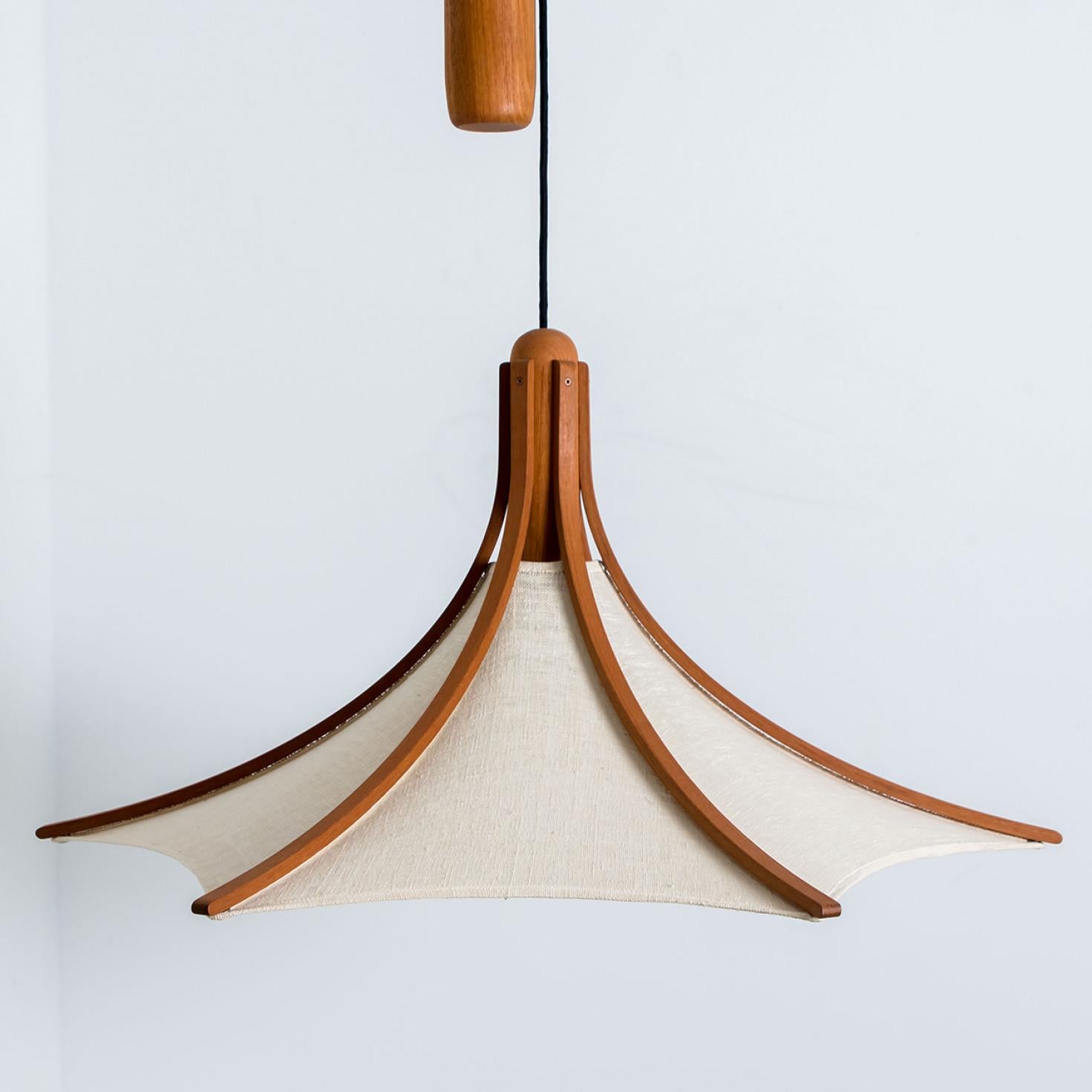1 of the 2 Wooden Pendant Light with Textile Shade by Domus Germany, 1970s For Sale 12