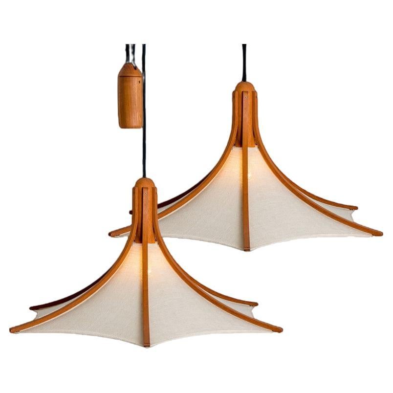 1 of the 2 Wooden Pendant Light with Textile Shade by Domus Germany, 1970s For Sale