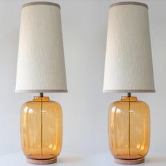 1 of the 2 XL Amber Glass Table Lamps with Silk Lampshades by R. Houben