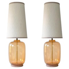 1 of the 2 XL Amber Glass Table Lamps with Silk Lampshades by R. Houben