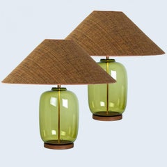 1 of the 2 XL Bubble Glass Table Lamps, Custom Silk Lampshade by R. Houben