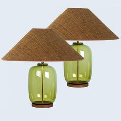 1 of the 2 XL Bubble Glass Table Lamps, Custom Silk Lampshade by R. Houben