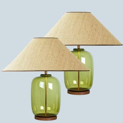 1 of the 2 XL Bubble Glass Table Lamps, Custom Silk Lampshade by R. Houben