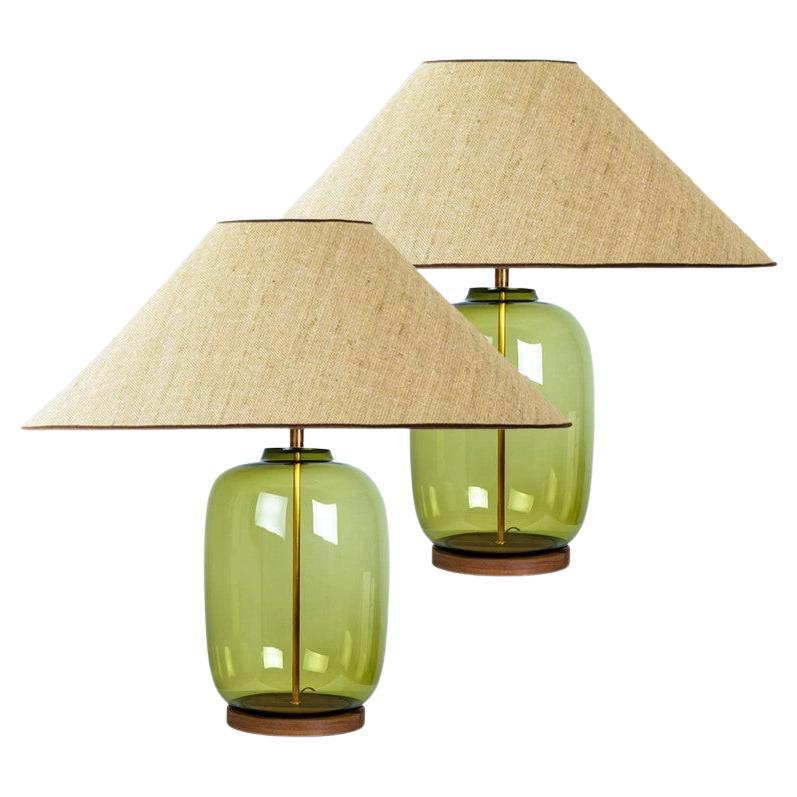 1 of the 2 XL Bubble Glass Table Lamps, Custom Silk Lampshade by R. Houben