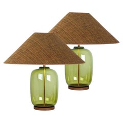 1 of the 2 XL Bubble Glass Table Lamps, Custom Silk Lampshade by R. Houben