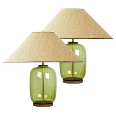 1 delle 2 lampade da tavolo XL in vetro a bolle, paralume in seta personalizzato di R. Houben