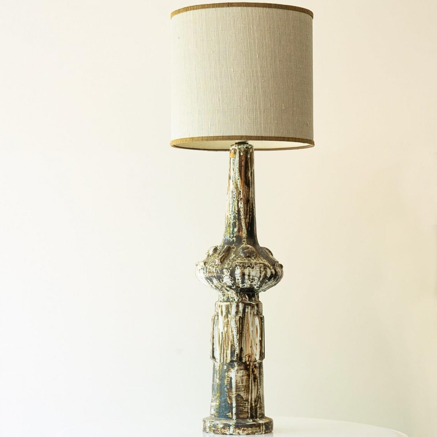 1 of the 2 XL Ceramic Floor Table Lamps, Custom Silk Lamp Shades by R. Houben For Sale 3
