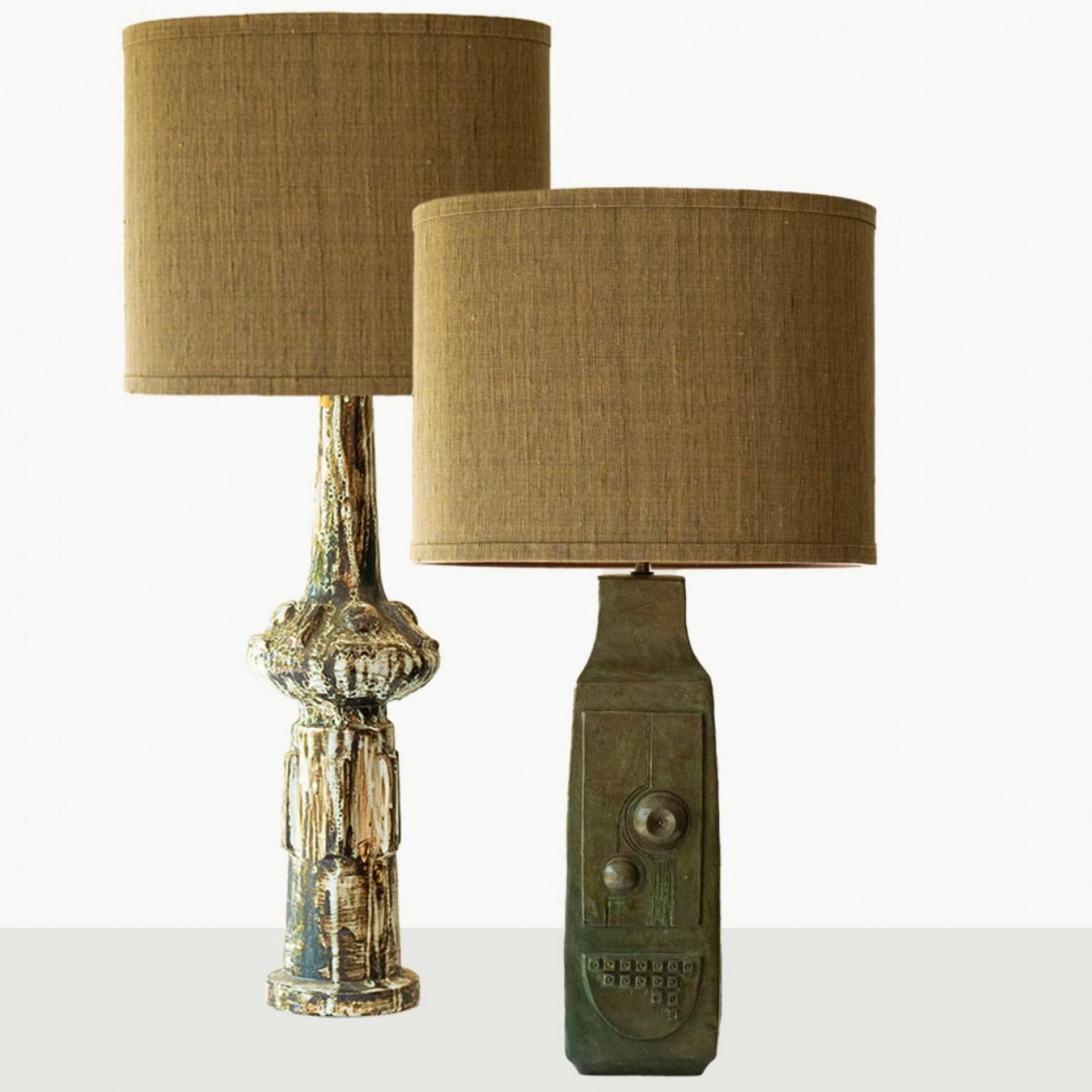 1 of the 2  ceramic floor lamps, 1970s.

This set brings a rich visual appeal to any interior. With its beautiful shapes, it offers a unique presence.

The bases with brown and green shades fit perfectly with the custom made neutral lamp shades,