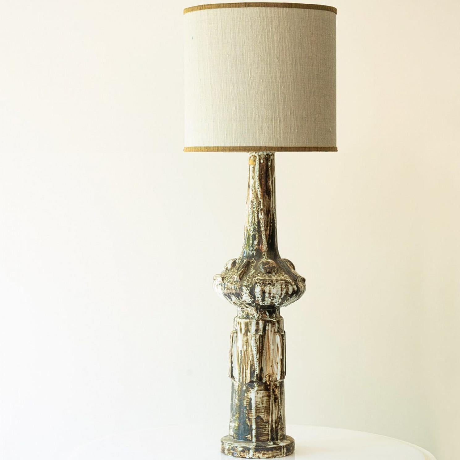 Danish 1 of the 2 XL Ceramic Floor Table Lamps, Custom Silk Lamp Shades by R. Houben For Sale